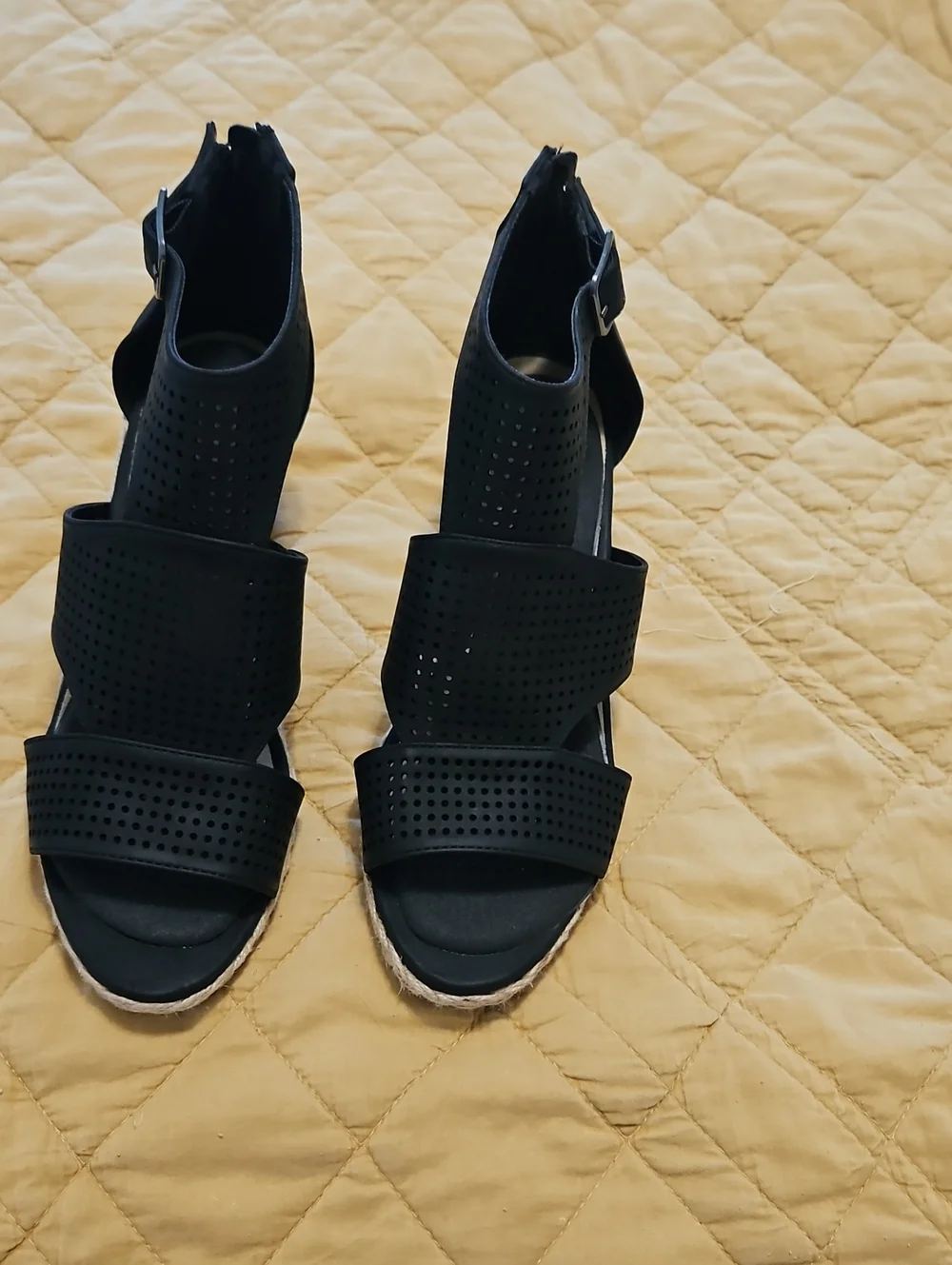 easy street Black Perforated Strappy Wedge Sandals